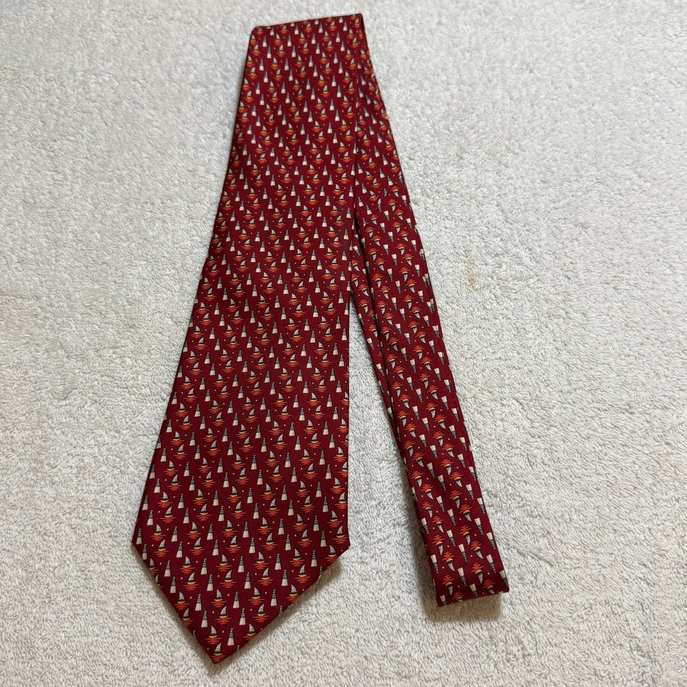 Salvatore Ferragamo Mens Red Silk Tie Lighthouse Sailboat Nautical Made in Italy